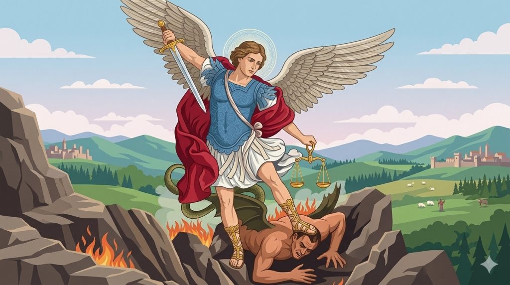 Prière à Saint Michel Archange - un bouclier céleste orné d'une croix repoussant des ombres douces